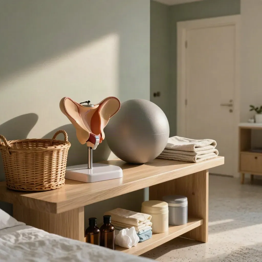 Salotto consulenza materna con palla da parto, cesta in vimini e fasciatoio in legno.