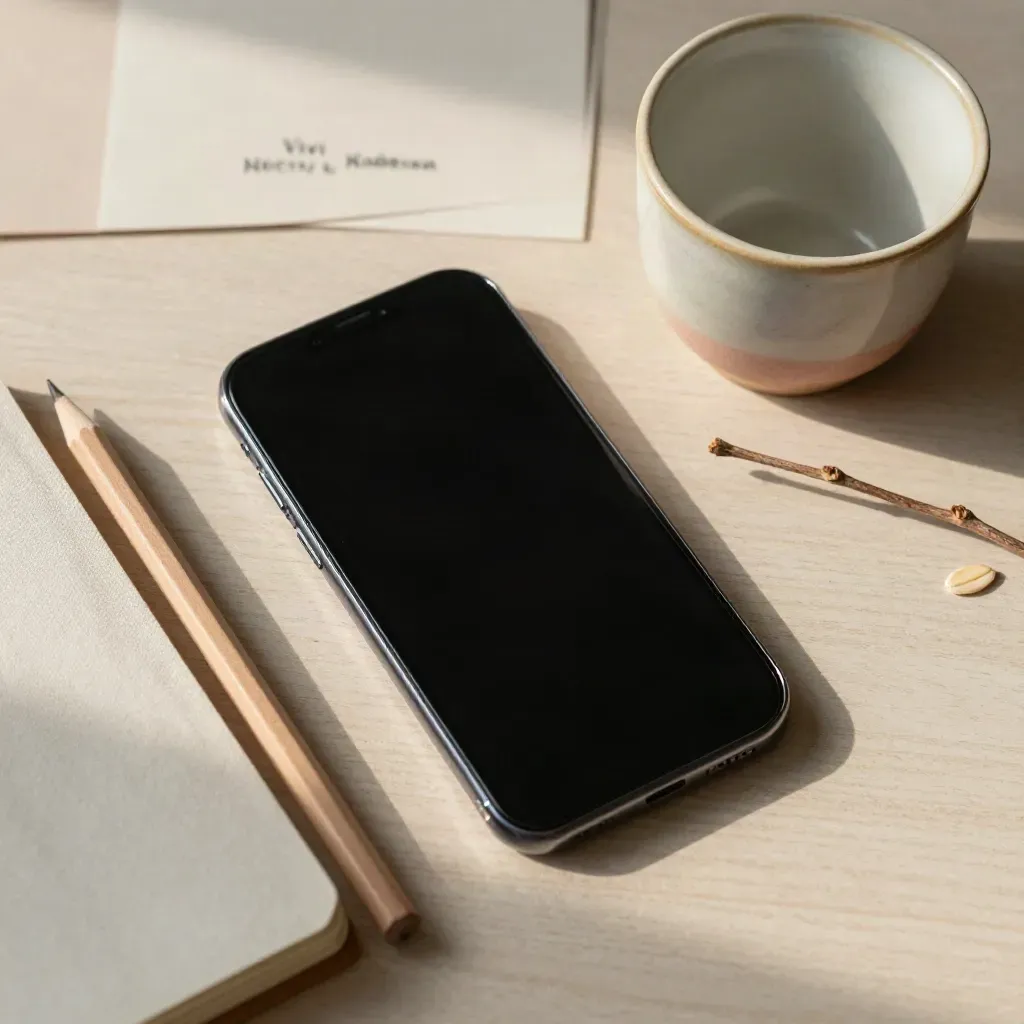 Smartphone spento, taccuino chiuso, matita, tazza e rametto essiccato su legno chiaro.