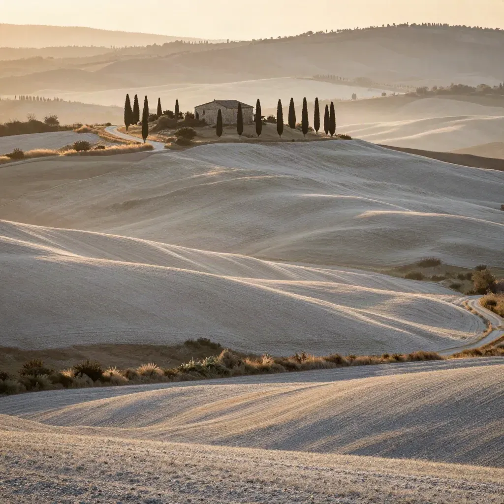 Colline della Val d'Orcia all'alba con cipressi, cascina lontana e campi chiari nella bruma.